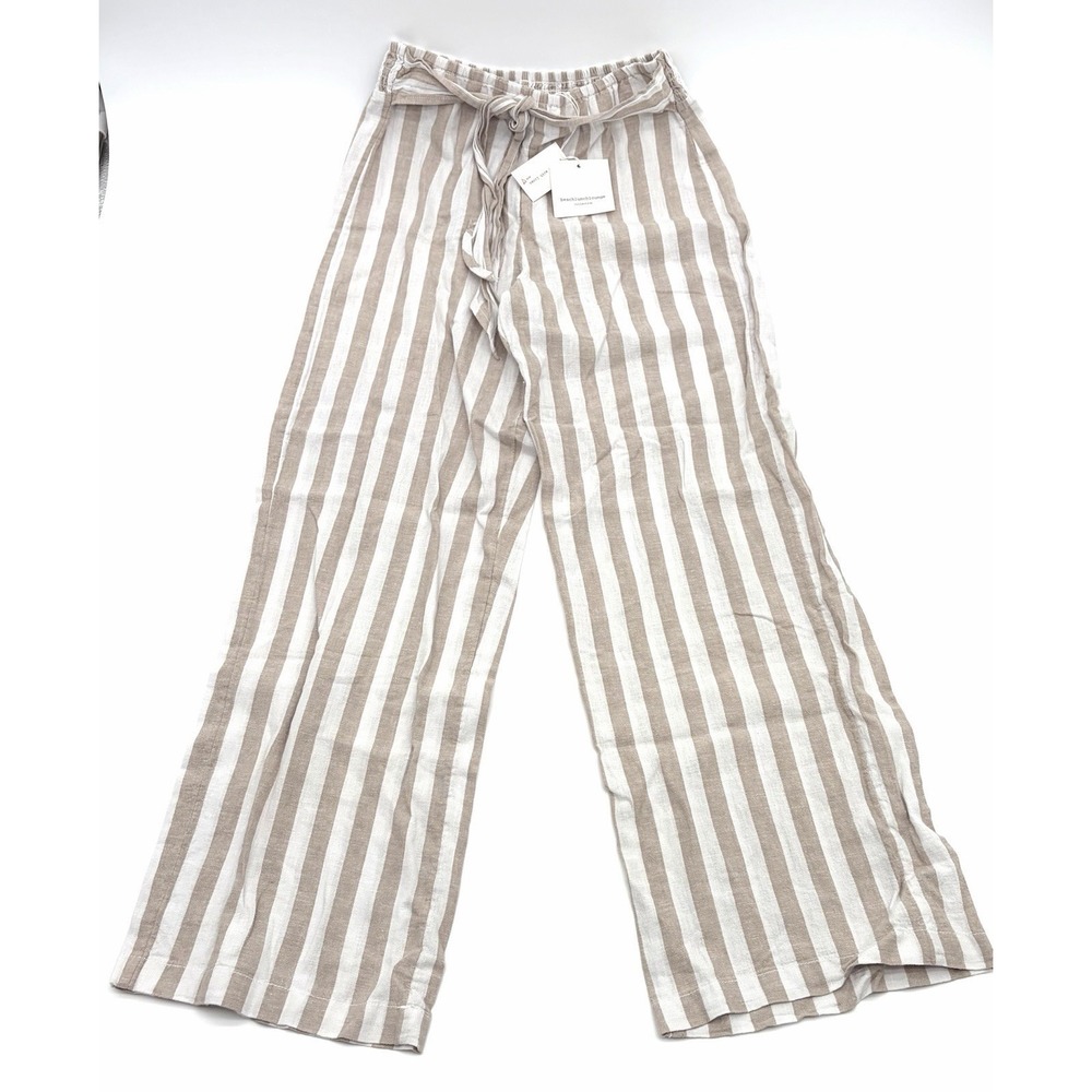 beachlunchlounge Linen Striped Beige/White Wide Leg Drawstring Pants XS loose